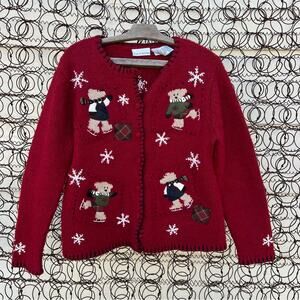 Vintage 90s Croft and Borrow Red Silk Knit Cardigan Sweater Winter Teddy Bear SM